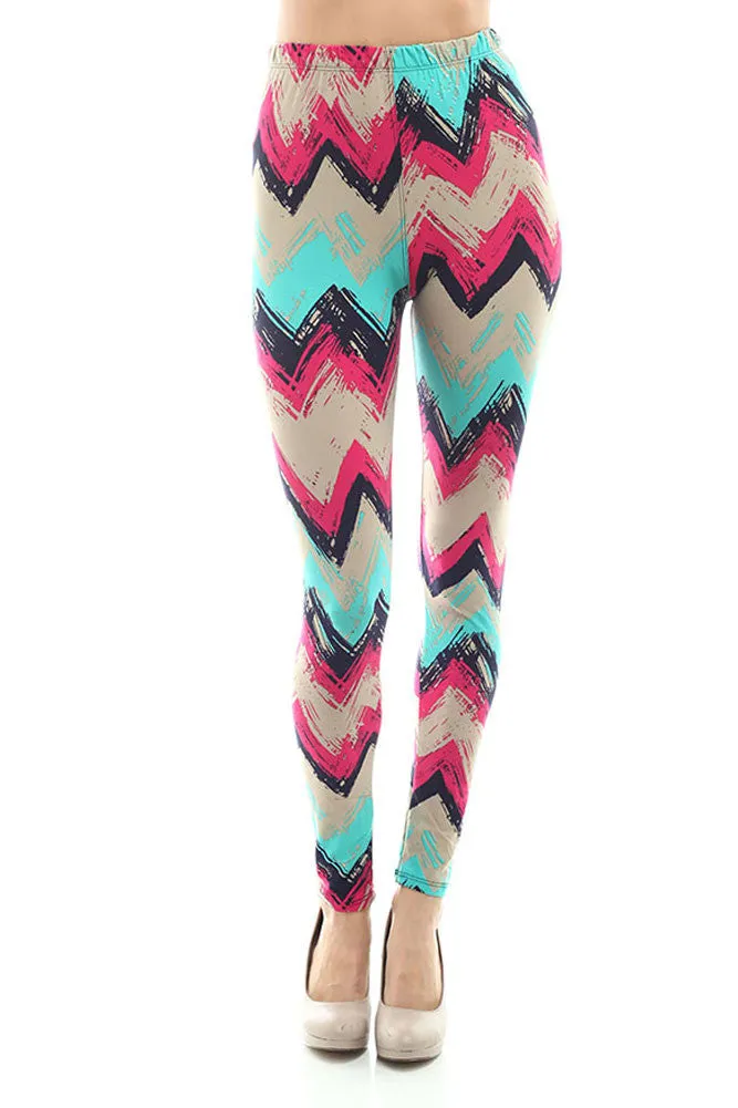 Women's Regular Chevron Inspired Pattern Print Leggings - Sky Fuchsia Black