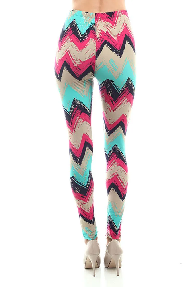 Women's Regular Chevron Inspired Pattern Print Leggings - Sky Fuchsia Black