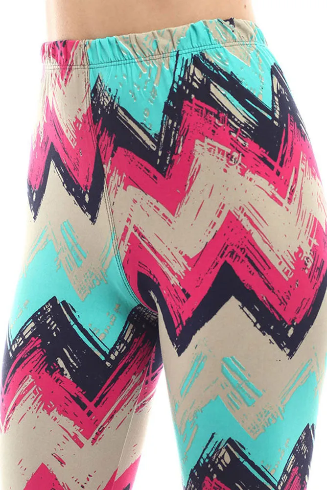 Women's Regular Chevron Inspired Pattern Print Leggings - Sky Fuchsia Black