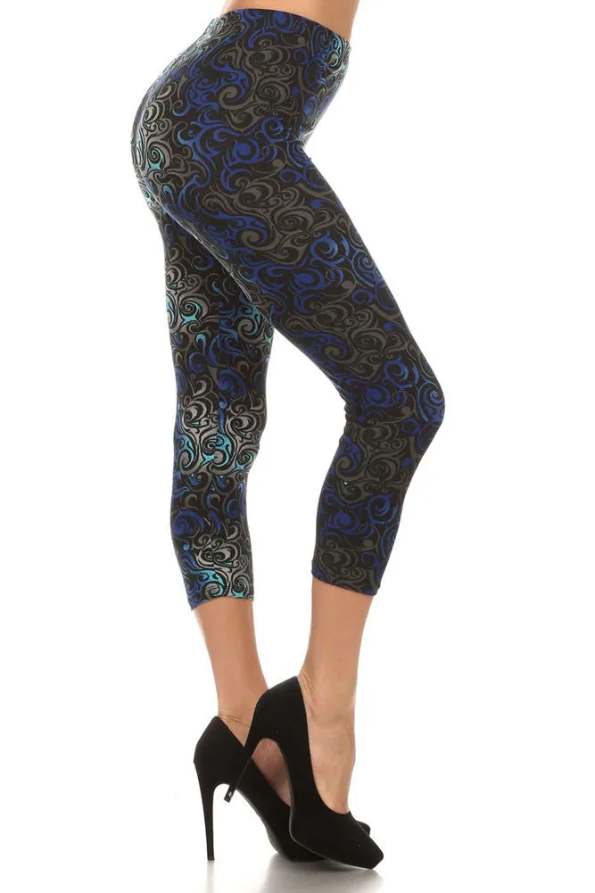 Women's Regular Dark Flame Print Capri Leggings - Black Blue Grey