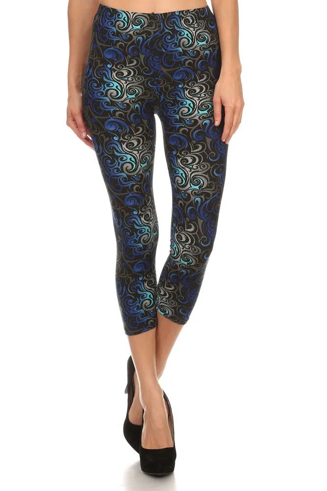 Women's Regular Dark Flame Print Capri Leggings - Black Blue Grey