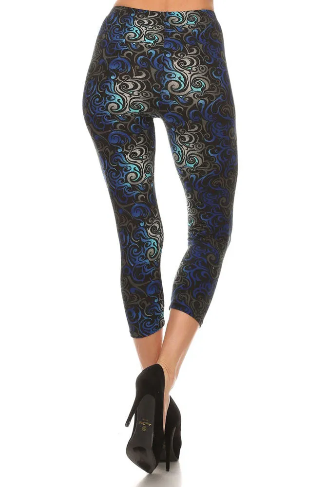 Women's Regular Dark Flame Print Capri Leggings - Black Blue Grey