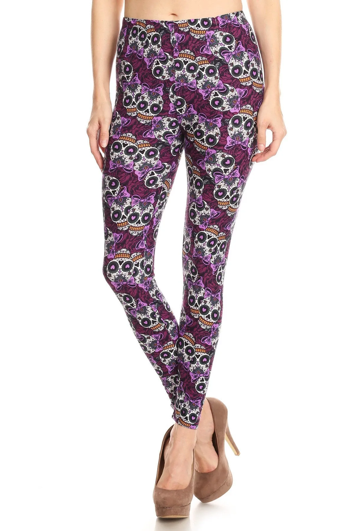 Women's Regular Purple Sugar Skull Ribbon Pattern Printed Leggings