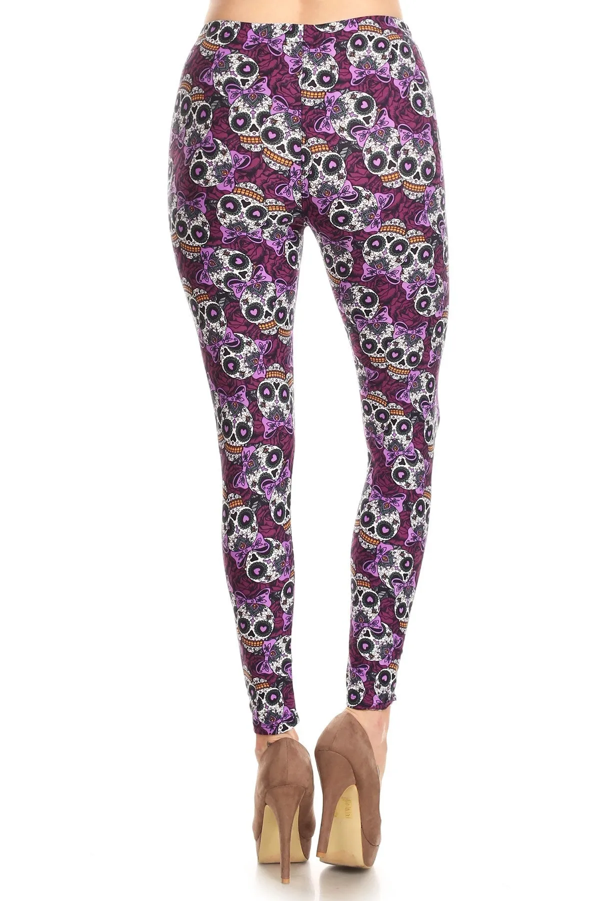 Women's Regular Purple Sugar Skull Ribbon Pattern Printed Leggings