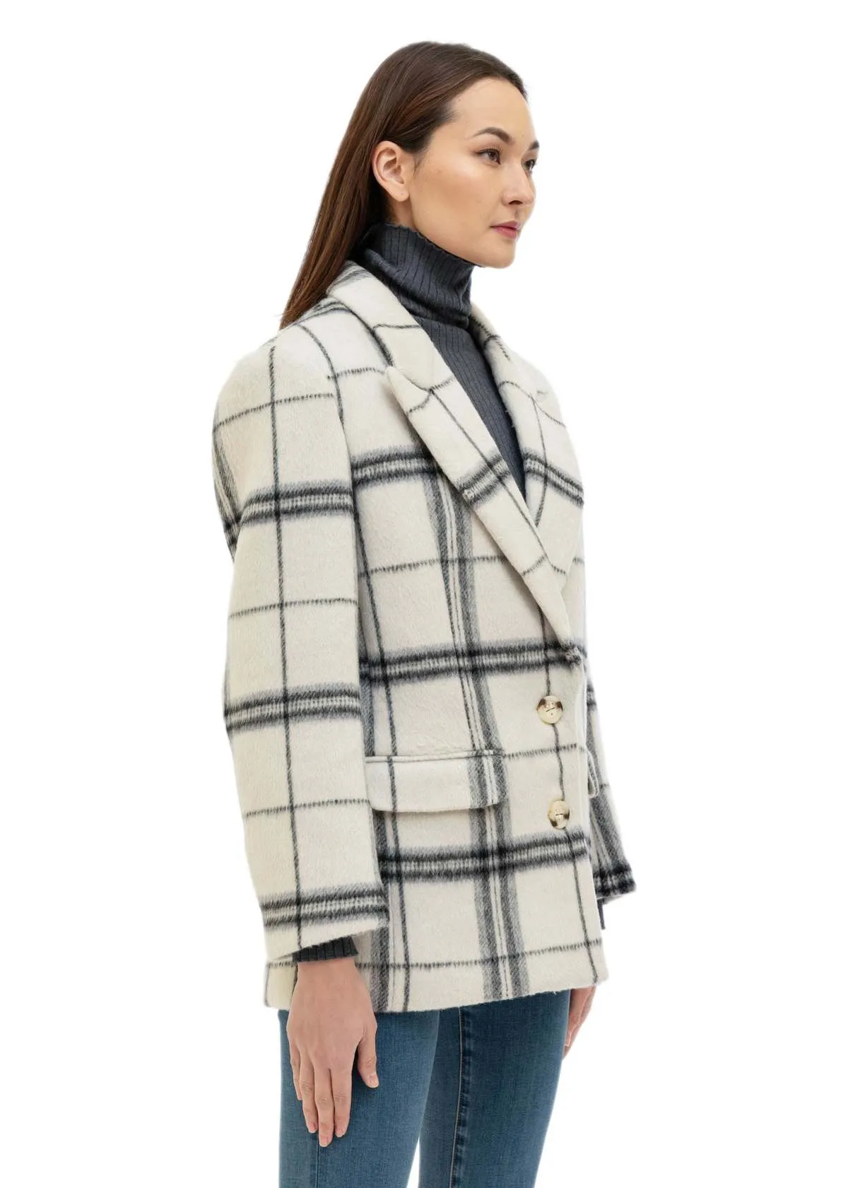 Wool Plaid Blazer Coat - White/Blue