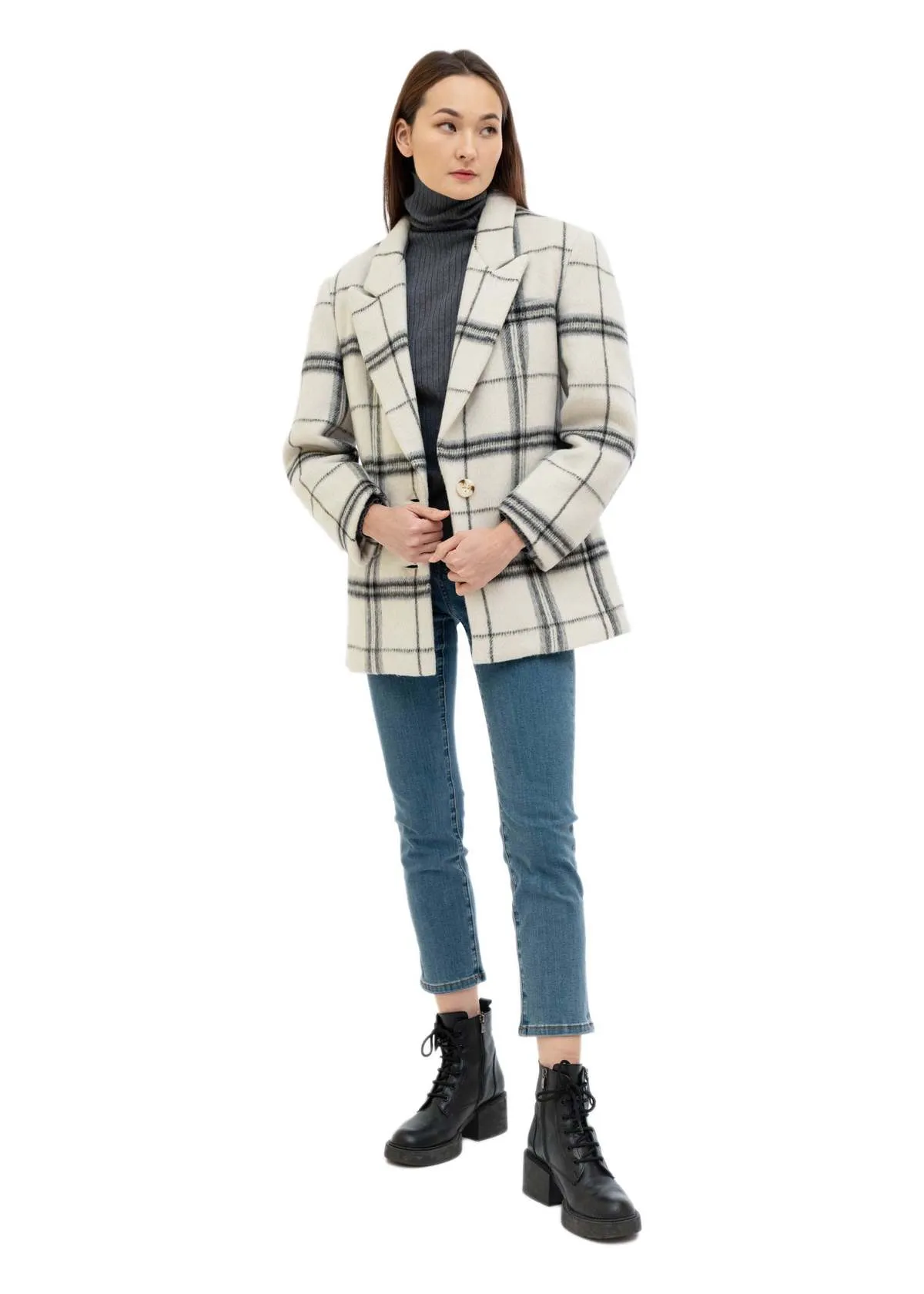 Wool Plaid Blazer Coat - White/Blue