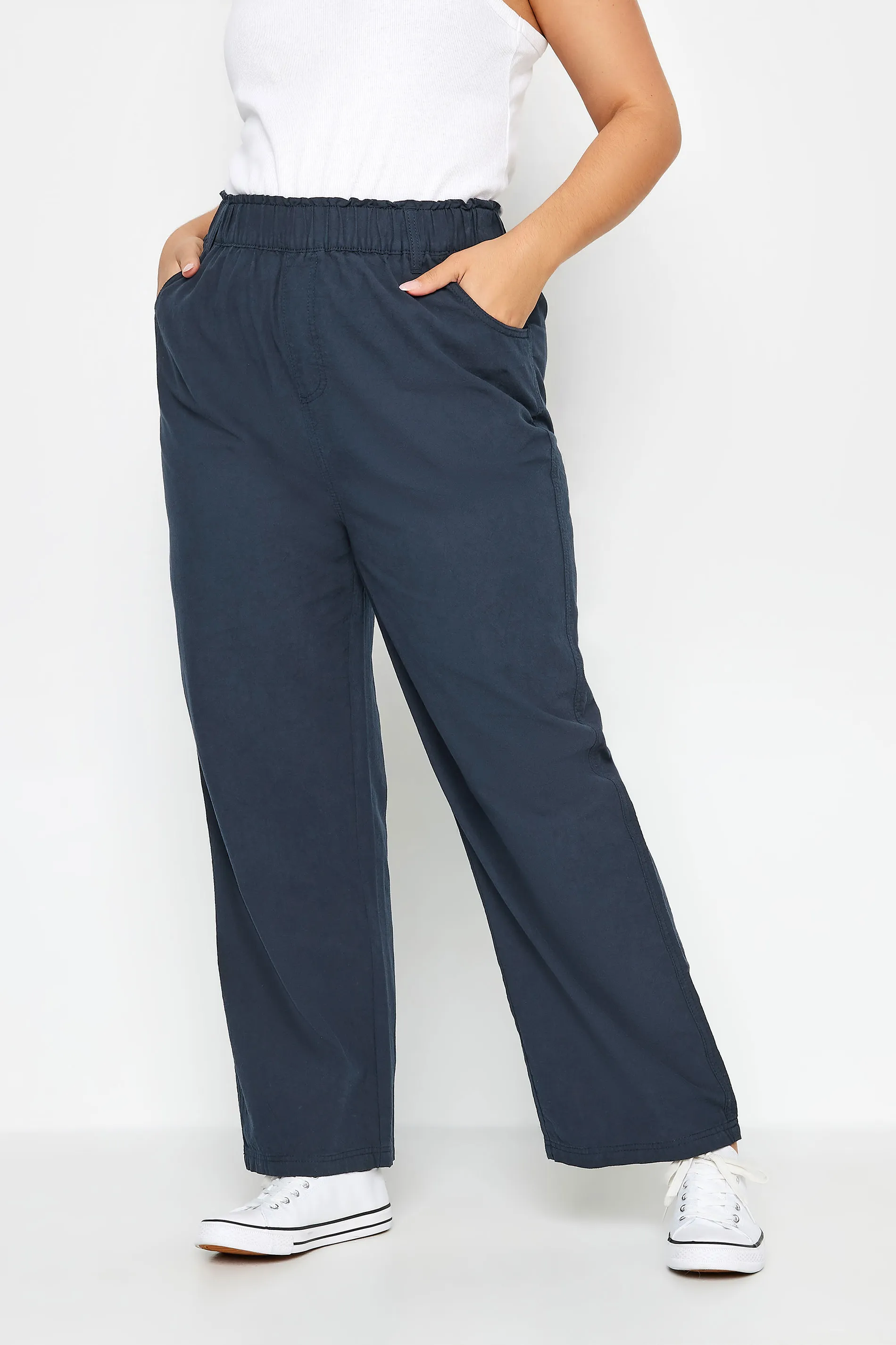 YOURS Curve Navy Blue Cool Cotton Wide Leg Trousers